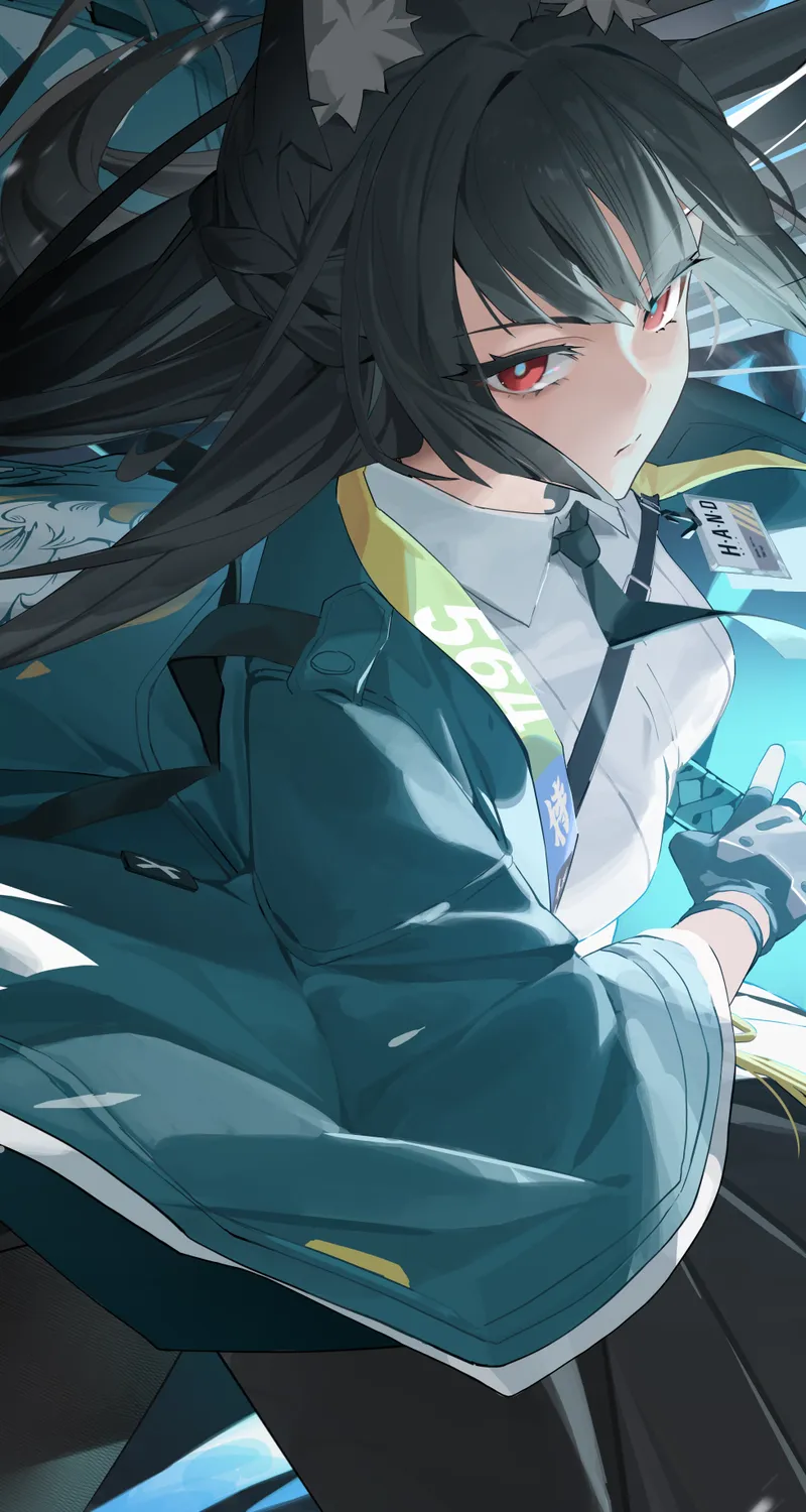 动漫 少女 绝区零 单人 星见雅 长发 黑发 红色眼眸 持剑少女 长裙 兽耳 露指手套 领带 蓝色 蓝色 手机壁纸 4K壁纸