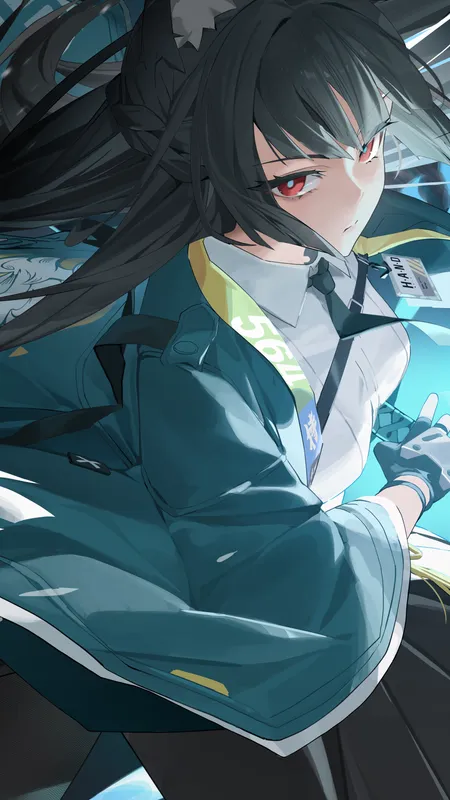 动漫 少女 绝区零 单人 星见雅 长发 黑发 红色眼眸 持剑少女 长裙 兽耳 露指手套 领带 蓝色 蓝色 手机壁纸 4K壁纸