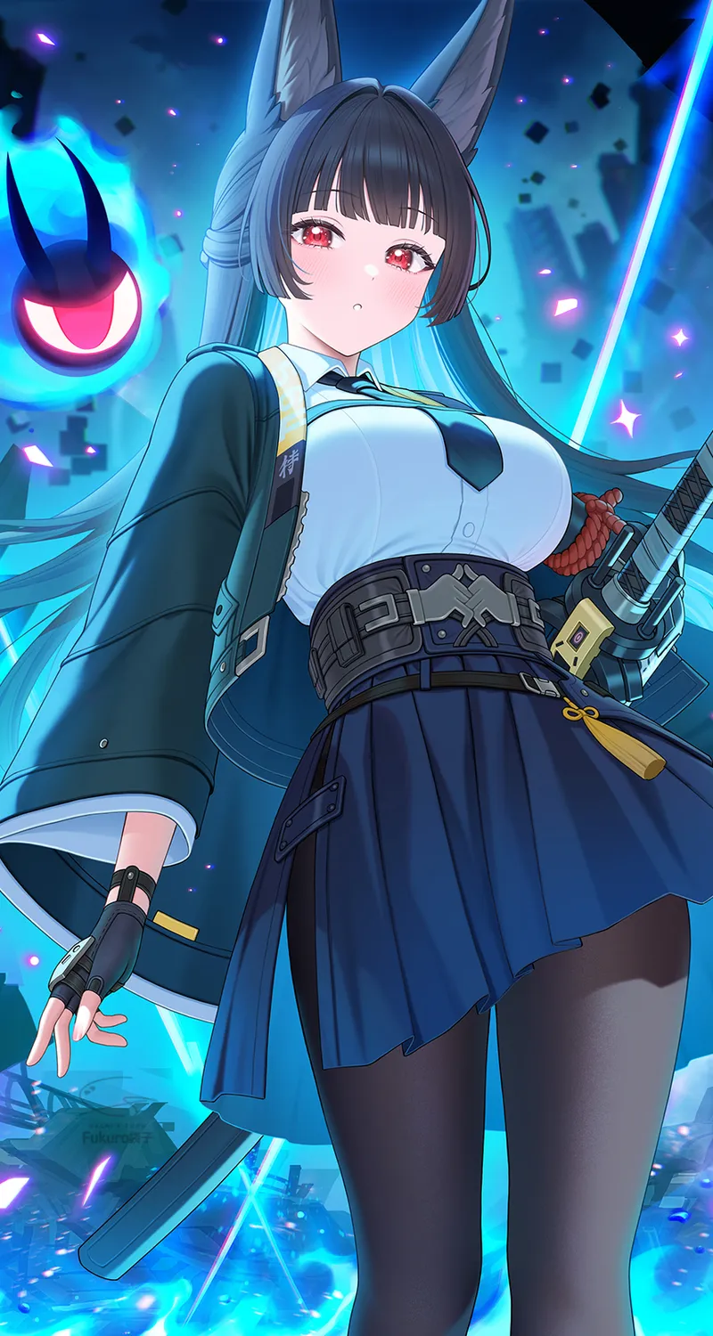 动漫 少女 绝区零 单人 星见雅 长发 黑发 短裙 流苏 露指手套 女学生 校服 领带 蓝色火焰 狐耳少女 连裤袜 手机壁纸