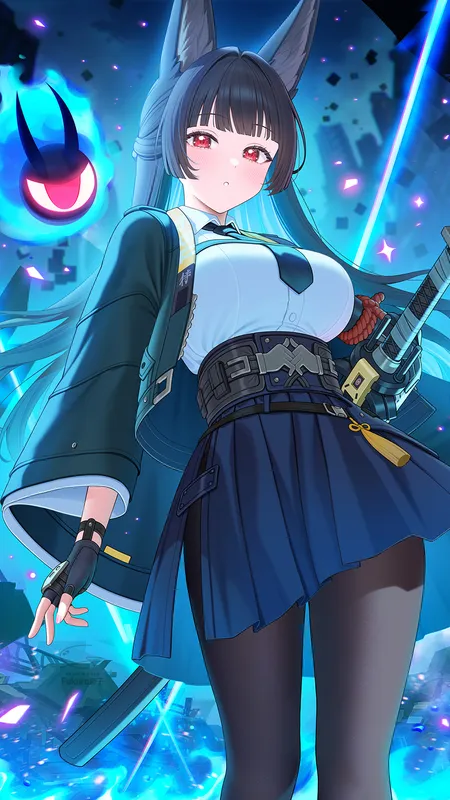 动漫 少女 绝区零 单人 星见雅 长发 黑发 短裙 流苏 露指手套 女学生 校服 领带 蓝色火焰 狐耳少女 连裤袜 手机壁纸