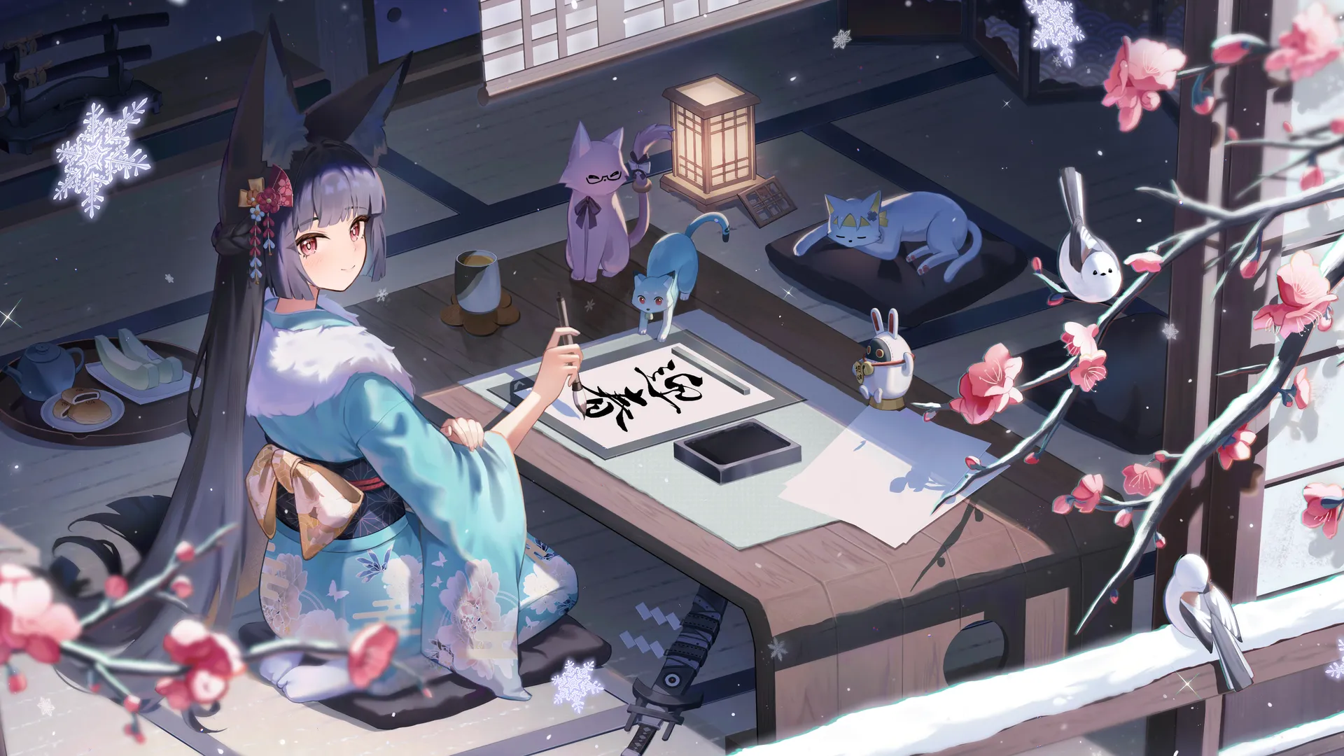 浅羽悠真 绝区零 动漫 少女 星见雅 苍角 柳 兽耳 画笔 长发 树枝 猫咪 桌子 跪坐 动物 微笑 下雪 鸟类 花朵 超宽画幅 阳光 4K壁纸
