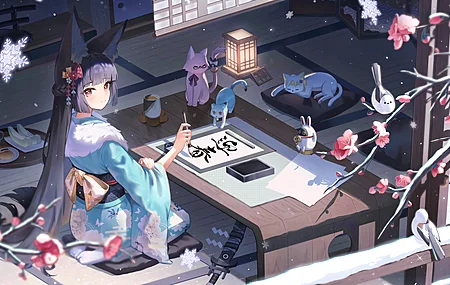浅羽悠真 绝区零 动漫 少女 星见雅 苍角 柳 兽耳 画笔 长发 树枝 猫咪 桌子 跪坐 动物 微笑 下雪 鸟类 花朵 超宽画幅 阳光 4K壁纸