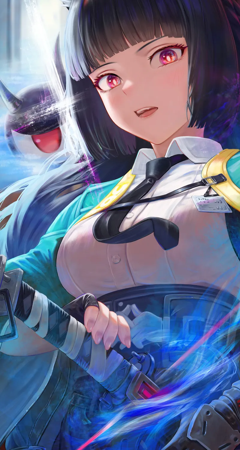 动漫 少女 单人 长发 黑发 红色眼眸 项链 星见雅 绝区零 领带 持剑少女 露指手套 狐耳少女 绑带 校服 女学生 阳光 手机壁纸 4K壁纸