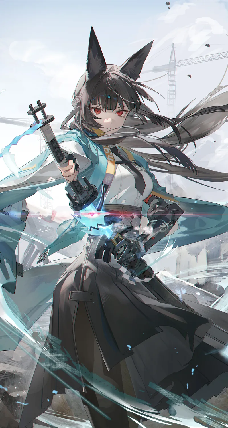 绝区零 星见雅 动漫 少女 女学生 校服 长发 红色眼眸 黑发 领带 持剑少女 站立 兽耳 狐耳少女 长裙 天空 云朵 阳光 手机壁纸