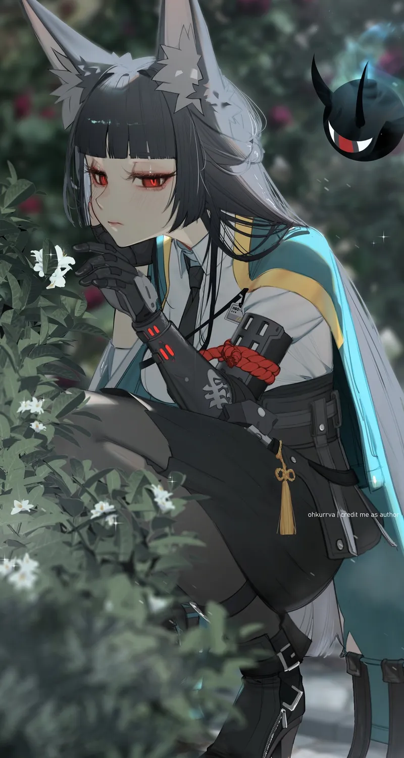 星见雅 植物 兽耳 动漫 少女 插画 蹲姿 白色花朵 单人 黑色靴子 流苏 全身 制服 领带 绝区零 树叶 绿色 花朵 户外少女 手机壁纸 4K壁纸