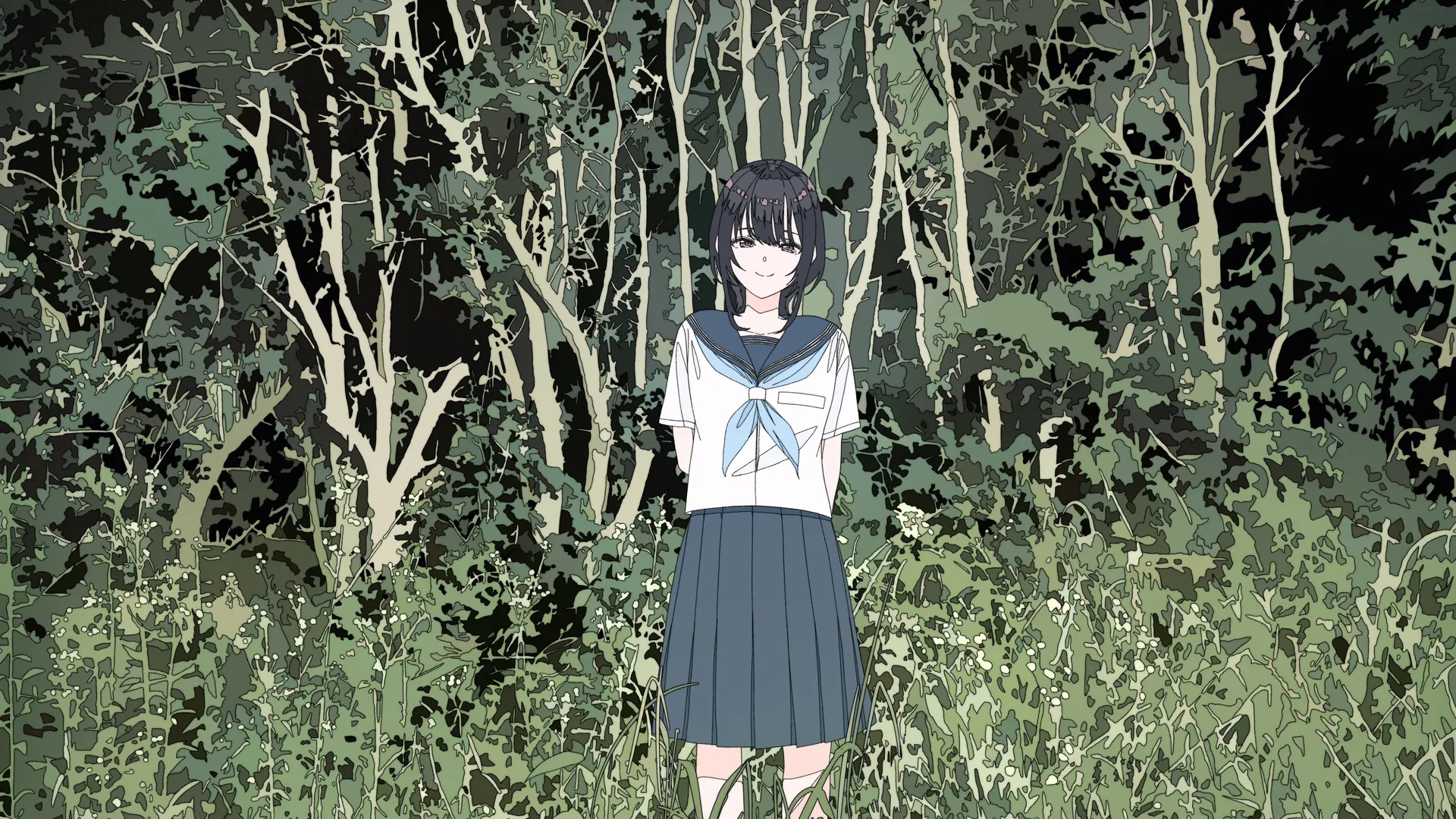 插画 数字绘画 动漫 森林 户外 少女 站立 微笑 自然 校服 黑发 裙子 手臂背在身后 领结 长裙 短袖 树枝 绿色 4K壁纸