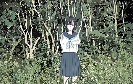 插画 数字绘画 动漫 森林 户外 少女 站立 微笑 自然 校服 黑发 裙子 手臂背在身后 领结 长裙 短袖 树枝 绿色 4K壁纸