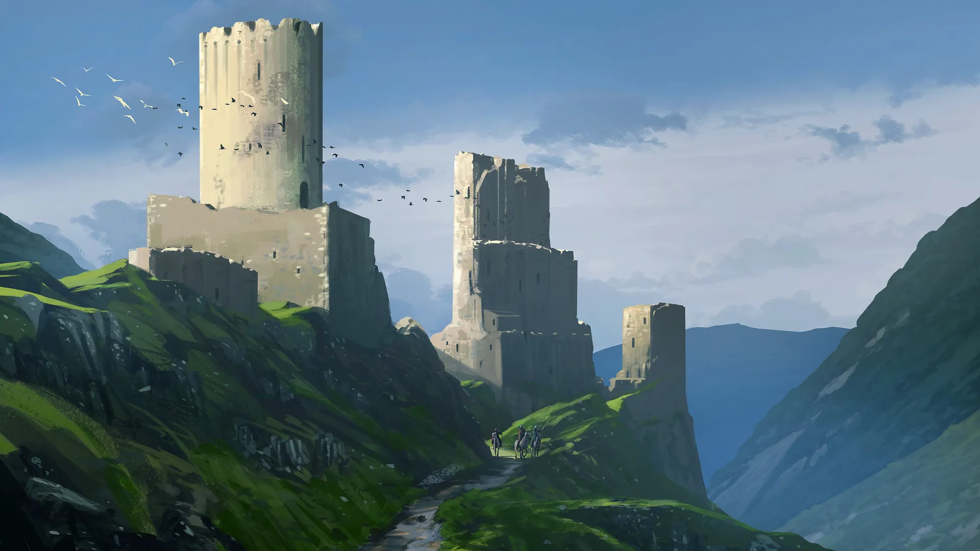插画 数字绘画 自然 风景 城堡 建筑 古老 中世纪 户外 阳光 塔楼 废墟 鸟类 山脉 天空 翅膀 小径 绿色 4K壁纸