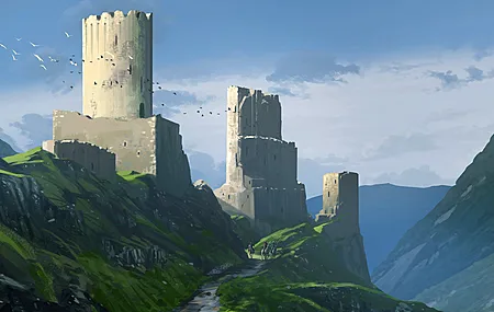 插画 数字绘画 自然 风景 城堡 建筑 古老 中世纪 户外 阳光 塔楼 废墟 鸟类 山脉 天空 翅膀 小径 绿色 4K壁纸