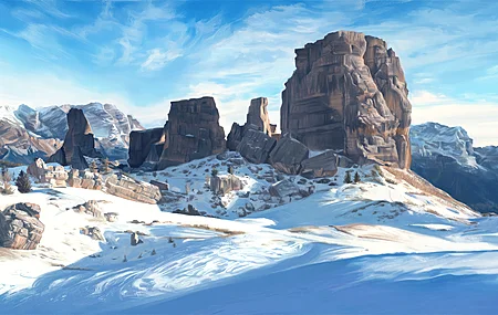 山脉 积雪 孤寂 寒冷 风景 数字绘画 数字艺术 阳光 云朵 户外 天空 树木 自然 白色 蓝色 4K壁纸