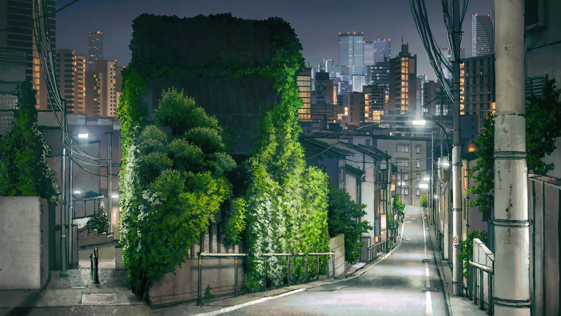艺术平台 夜晚 天空 城市 道路 植物 树木 城市灯光 数字艺术 城市景观 建筑 摩天大楼 栏杆 路灯 线缆 灰色 4K壁纸