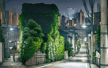 艺术平台 夜晚 天空 城市 道路 植物 树木 城市灯光 数字艺术 城市景观 建筑 摩天大楼 栏杆 路灯 线缆 灰色 4K壁纸