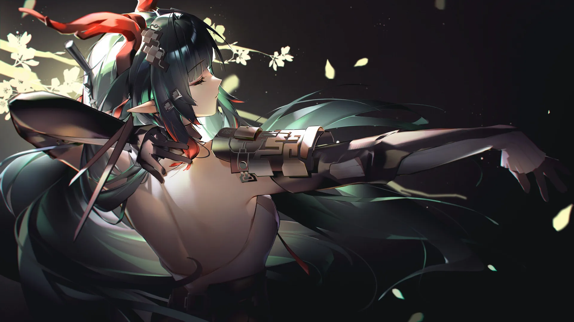 明日方舟 终末地 深绿色 黑色背景 闭着眼睛 龙少女 手套 绿发 长发 简洁背景 尖耳朵 花瓣 树枝 游戏 黑色手套 少女 角色 黑色,4K壁纸