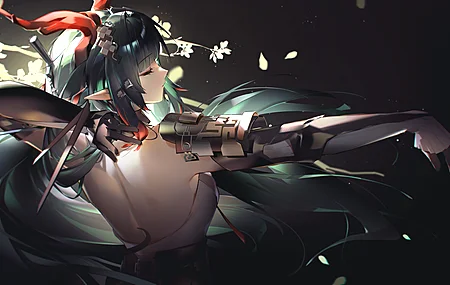 明日方舟 终末地 深绿色 黑色背景 闭着眼睛 龙少女 手套 绿发 长发 简洁背景 尖耳朵 花瓣 树枝 游戏 黑色手套 少女 角色 黑色,4K壁纸