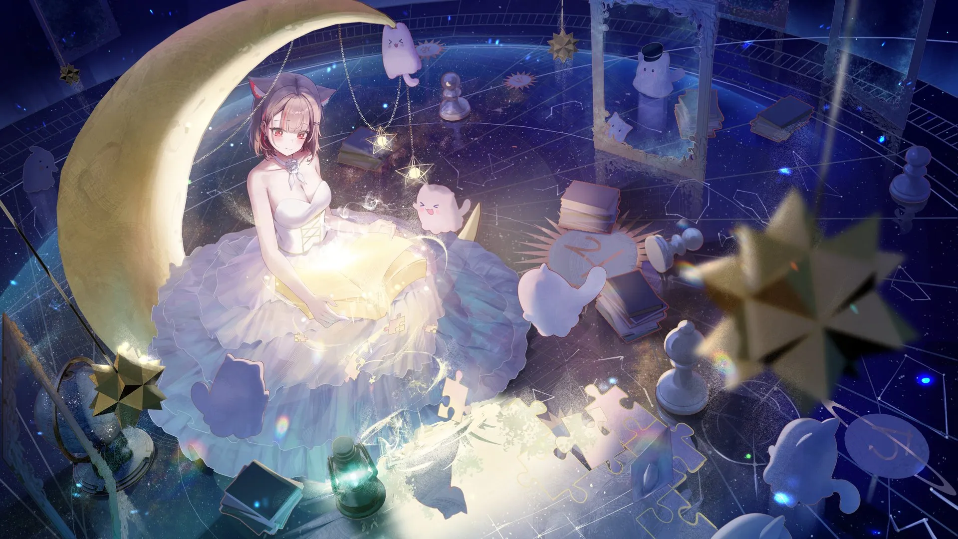 虚拟主播 微笑 白猫 动漫 少女 兽耳 弯月 白色 发饰 露肩 拼图 星星 连衣裙 猫耳 阅读 书籍 锁骨 星座 地球仪 蓝色 4K壁纸