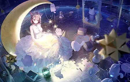 虚拟主播 微笑 白猫 动漫 少女 兽耳 弯月 白色 发饰 露肩 拼图 星星 连衣裙 猫耳 阅读 书籍 锁骨 星座 地球仪 蓝色 4K壁纸
