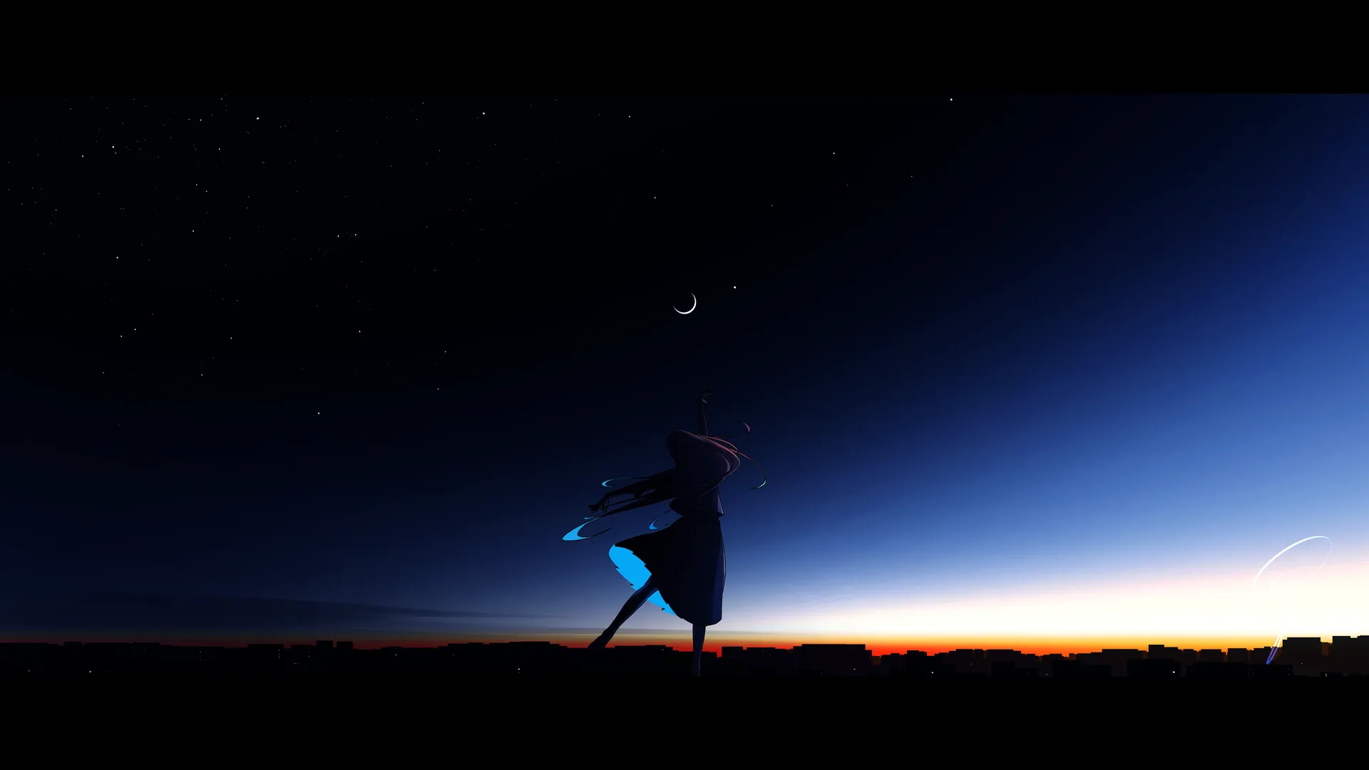 动漫少女 剪影 户外 连衣裙 繁星 天空 星夜 弯月 起舞 月亮 夜晚 天空 风景 暗色 宽黑边画幅 百褶裙 单腿站立 星星 景深 发丝飞扬 城市景观 单臂抬起 暮色 渐变 黑色 4K壁纸
