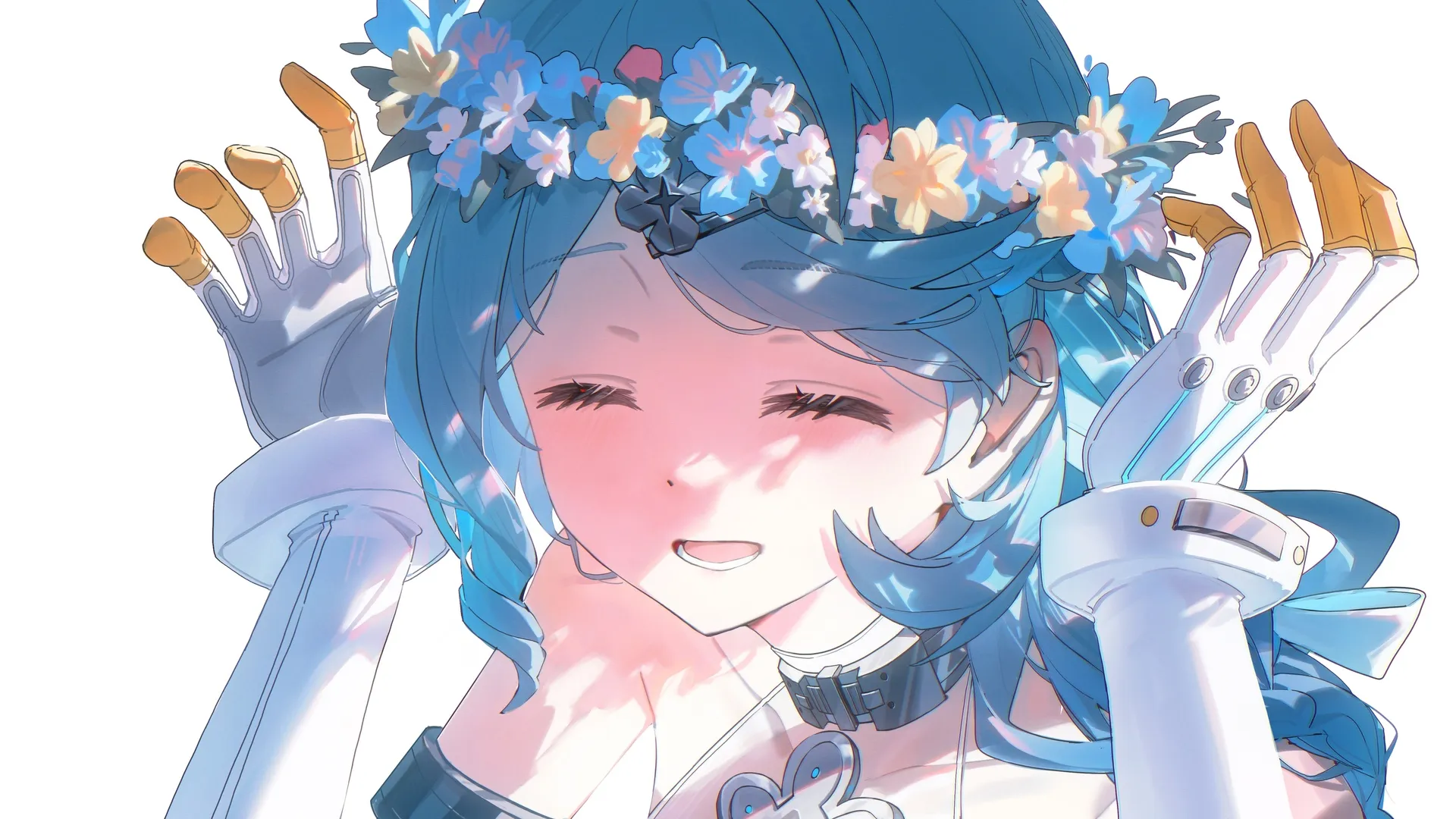绝区零 动漫 希德 游戏 少女 机械 蓝发 花朵 花环 编发 微笑 发夹 白色 手套 简洁背景 脸部 长发 露指手套 阳光 4K壁纸