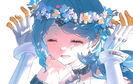 绝区零 动漫 希德 游戏 少女 机械 蓝发 花朵 花环 编发 微笑 发夹 白色 手套 简洁背景 脸部 长发 露指手套 阳光 4K壁纸