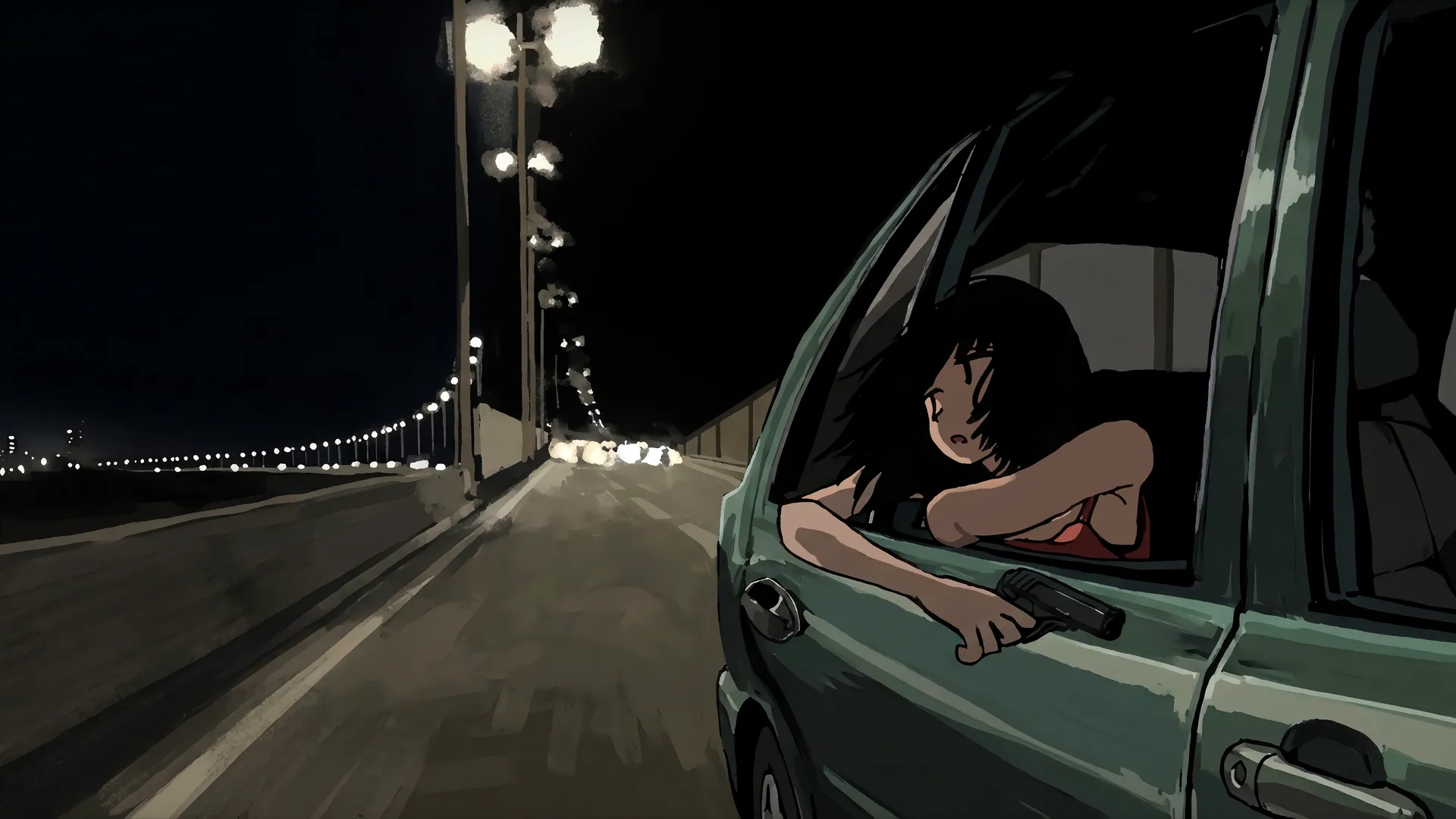 动漫少女 高速公路 城市灯光 车流 交通信号灯 夜晚 午夜 汽车 路灯 短发 黑发 复古风格 车内 4K壁纸