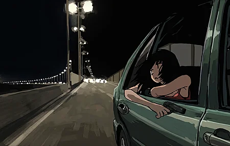 动漫少女 高速公路 城市灯光 车流 交通信号灯 夜晚 午夜 汽车 路灯 短发 黑发 复古风格 车内 4K壁纸
