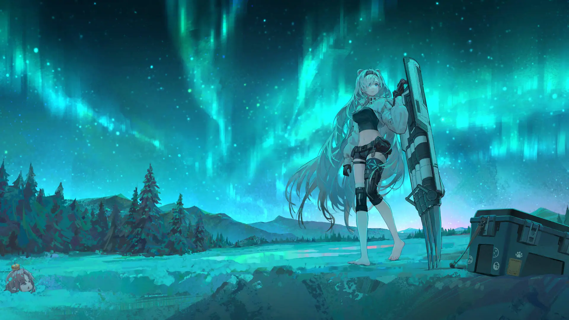 动漫少女 明日方舟 极光 长发 天空 星辰 极光 植物 树木 山脉 蓝色 8K壁纸