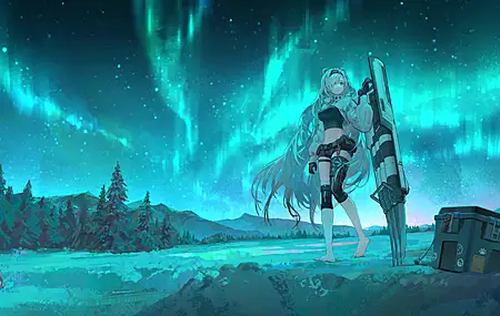 动漫少女 明日方舟 极光 长发 天空 星辰 极光 植物 树木 山脉 蓝色 8K壁纸