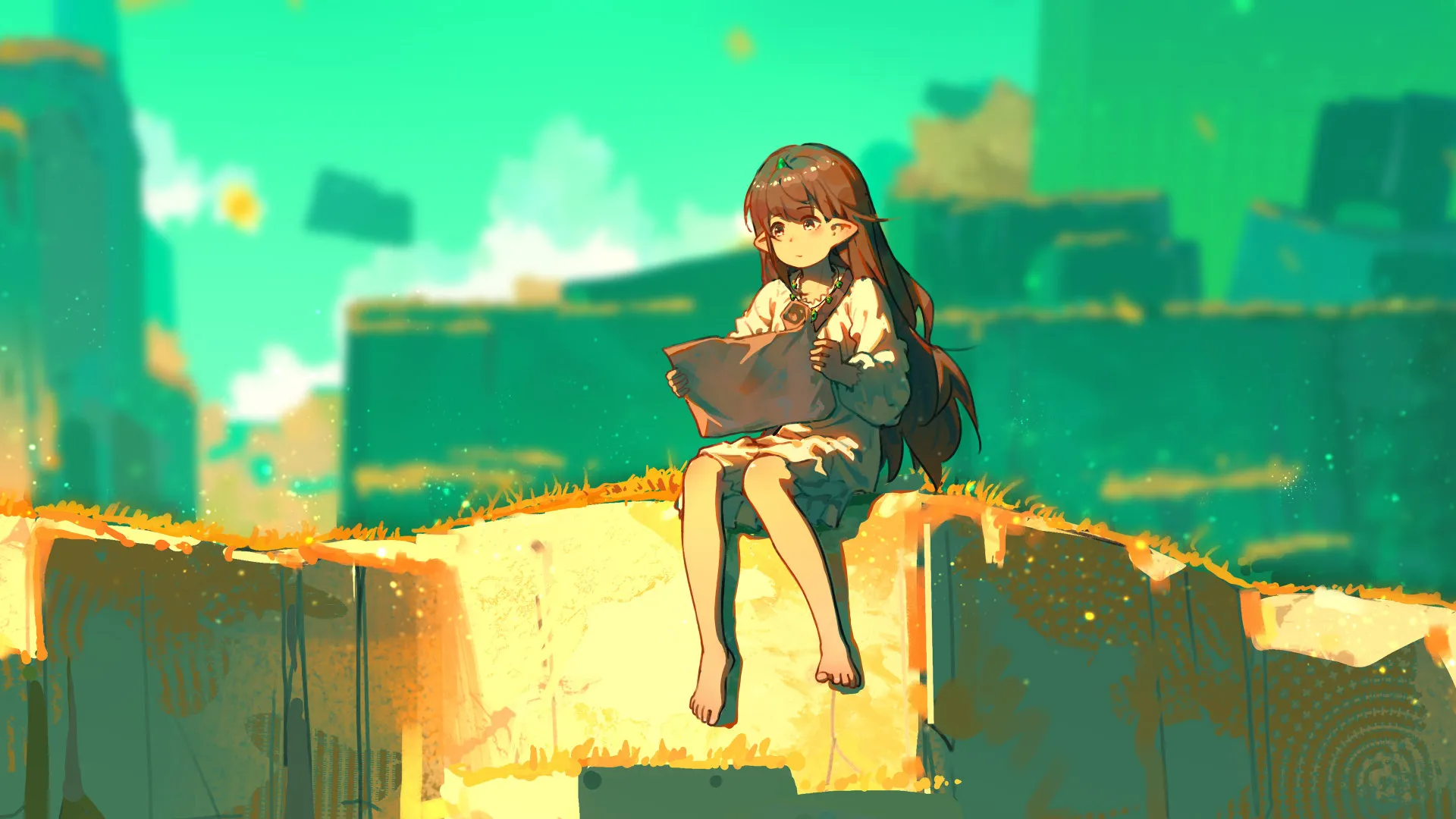 原创角色 动漫少女 长发 棕发 坐着 尖耳朵 精灵少女 绿色 8K壁纸