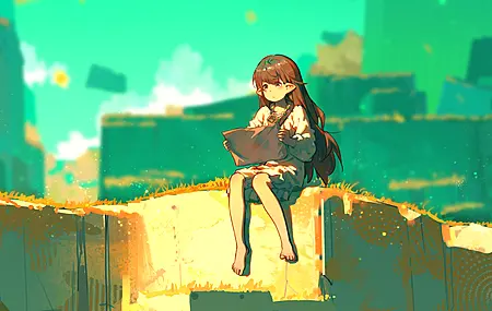 原创角色 动漫少女 长发 棕发 坐着 尖耳朵 精灵少女 绿色 8K壁纸