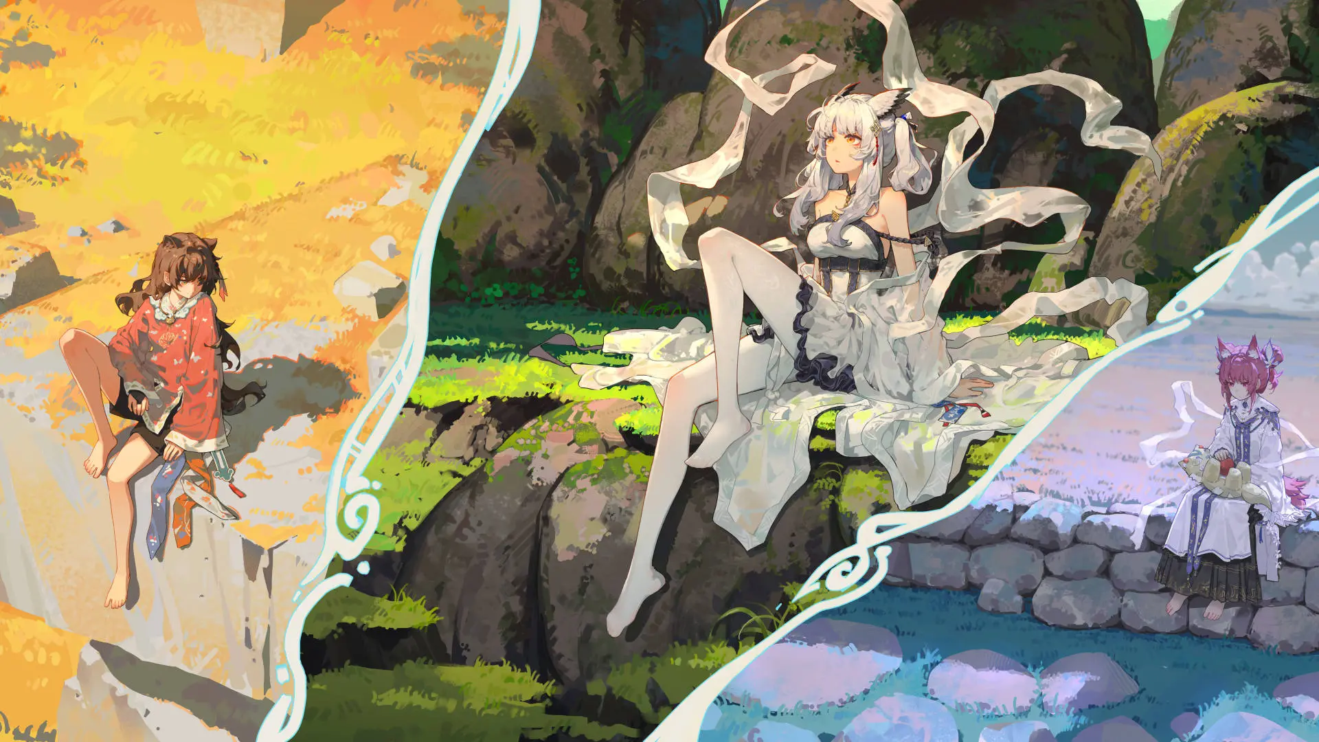 明日方舟 动漫少女 角色 长发 坐着 白发 粉发 棕发 8K壁纸