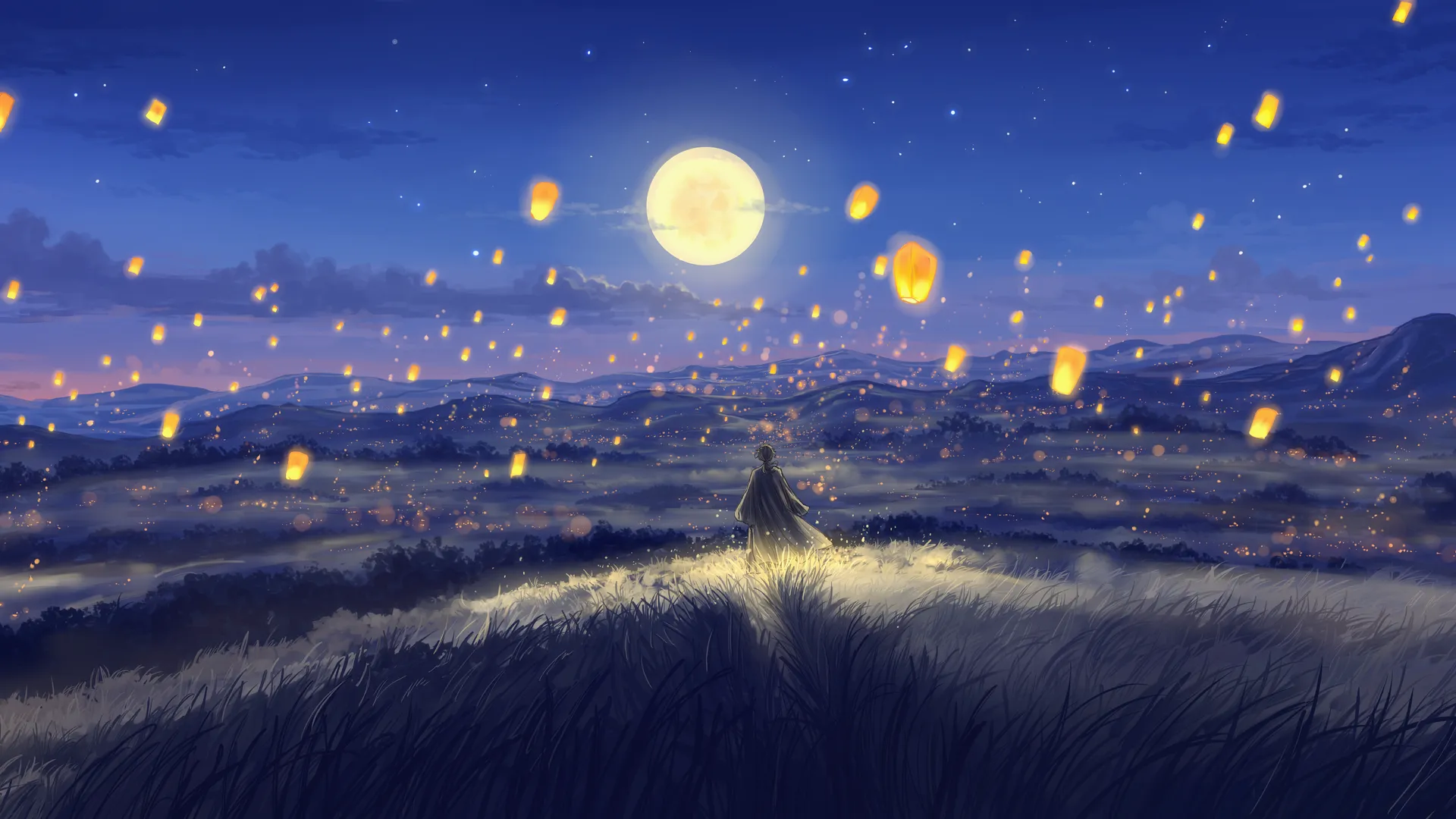 数字绘画 插画 风景 夜晚 夜景 自然 植物 纸灯笼 月亮 超宽屏 星星 田野 天空 云朵 少女 蓝色 4K壁纸