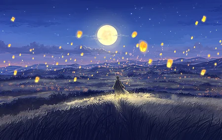 数字绘画 插画 风景 夜晚 夜景 自然 植物 纸灯笼 月亮 超宽屏 星星 田野 天空 云朵 少女 蓝色 4K壁纸