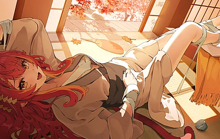 动漫少女 猫田奈津 绷带 虚拟主播 躺下 红发 猫耳少女 发间花朵 黄眼睛 红色 赤脚 动漫壁纸 4K壁纸