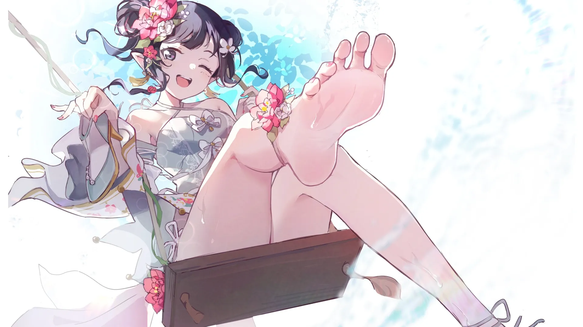 动漫少女 光脚 脚丫 旗袍 鲜花 秋千 中式 4K壁纸