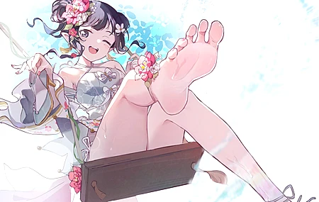动漫少女 光脚 脚丫 旗袍 鲜花 秋千 中式 4K壁纸