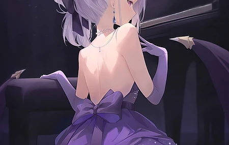 空崎日奈 动漫少女 翅膀 白发 紫眼睛 长发 恶魔角 同人插画 脚丫 脚趾 回头 钢琴 蝴蝶结手套 紫色手套 连衣裙 宝石耳饰 纸张 高跟鞋 座椅 紫色 手机壁纸