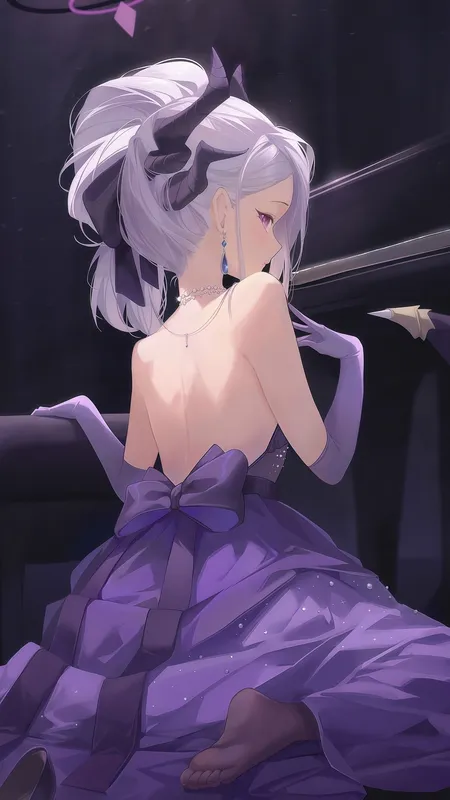 手机壁纸 软萌紫裙日奈 空崎日奈 动漫少女 翅膀 白发 紫眼睛 长发 恶魔角 同人插画 脚丫 脚趾 回头 钢琴 蝴蝶结手套 紫色 连衣裙 纸张 高跟鞋 4K壁纸