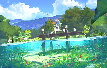 东方 Project 鱼竿 琪露诺 动漫 蓝发 夏天 草帽 凳子 短袖 户外少女 垂钓 水面 栈桥 短发 青蛙 天空 植物 及膝袜 绿色 4K壁纸
