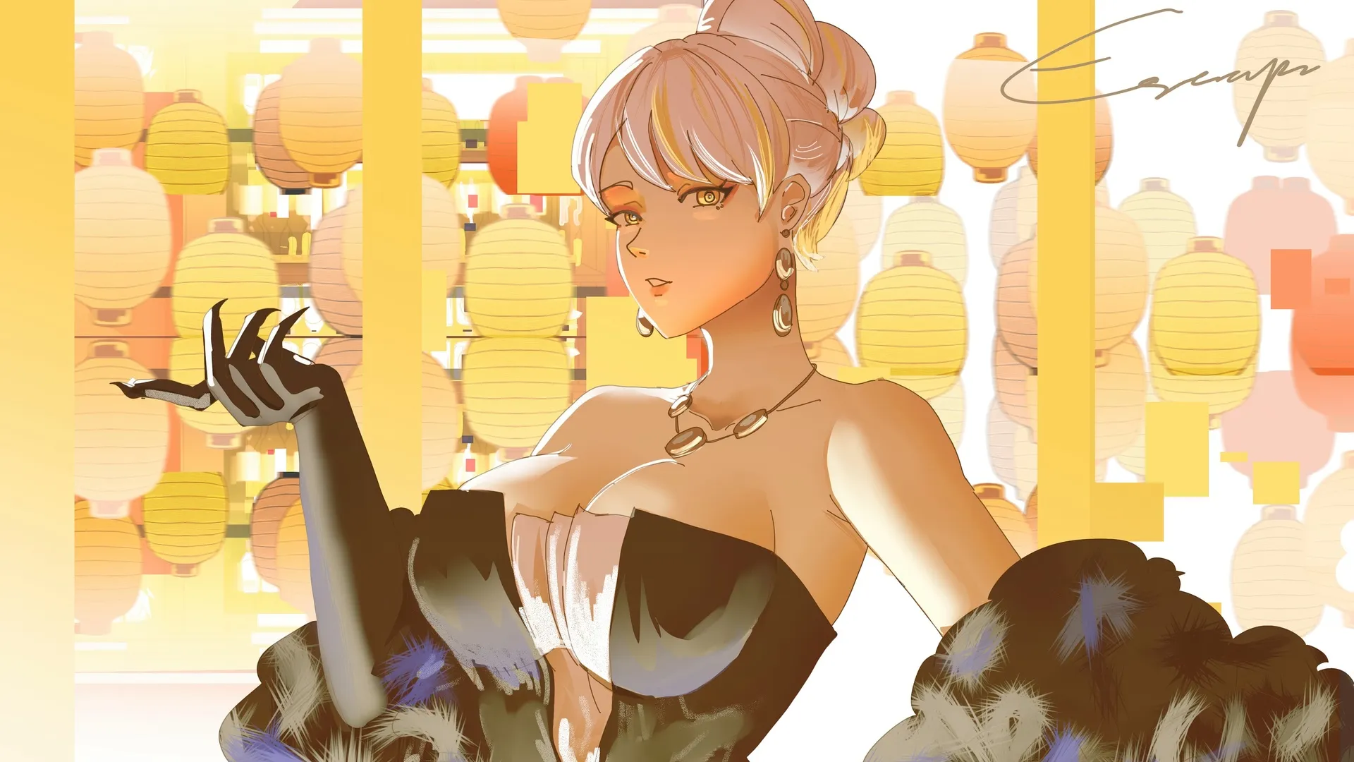 插画 少女 动漫 少女 粉发 长手套 领口 项链 露肩 室内 中式灯笼 耳环 黄色 4K壁纸