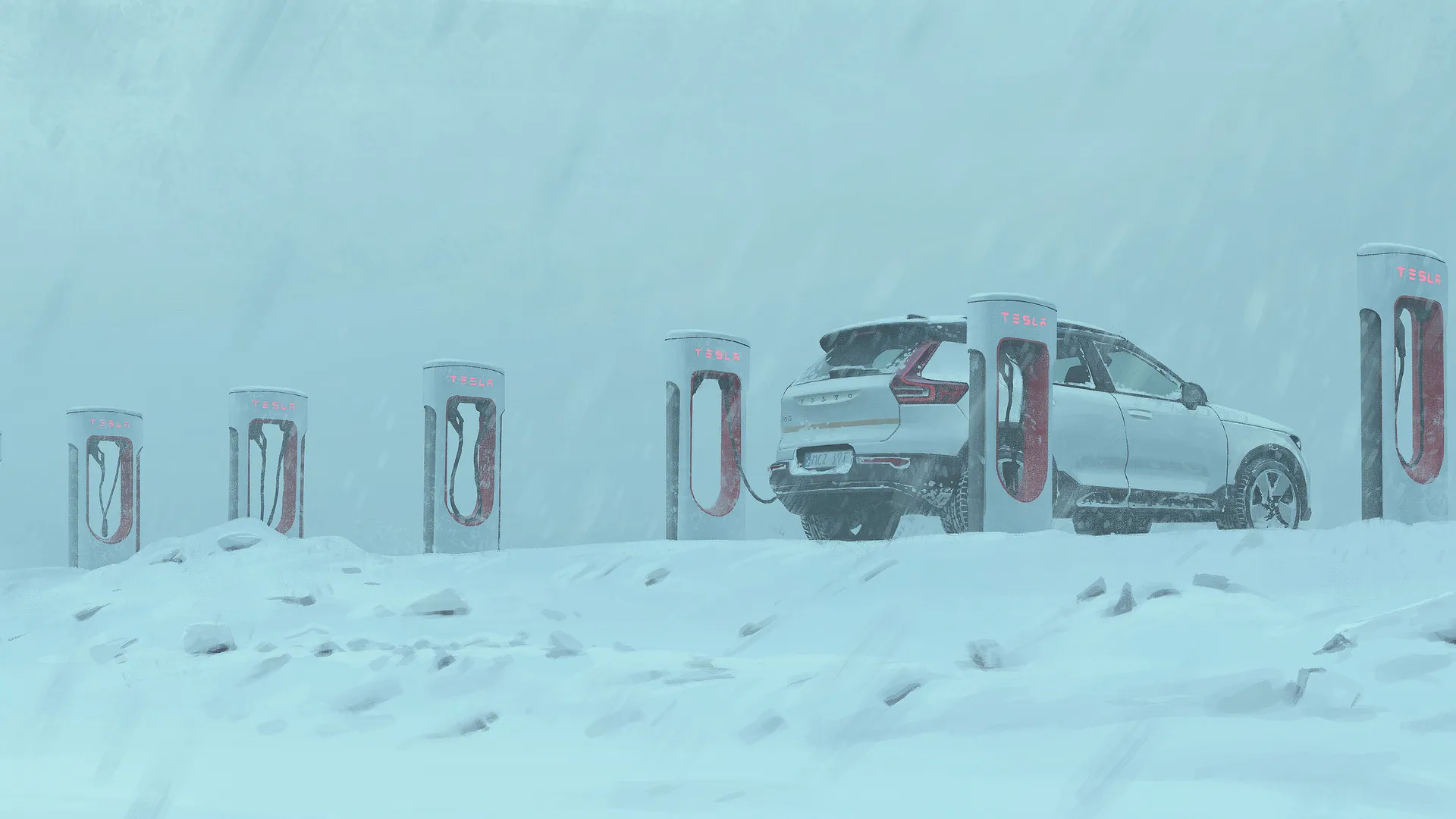 汽车 冬天 积雪 汽车 充电桩 白色 4K壁纸
