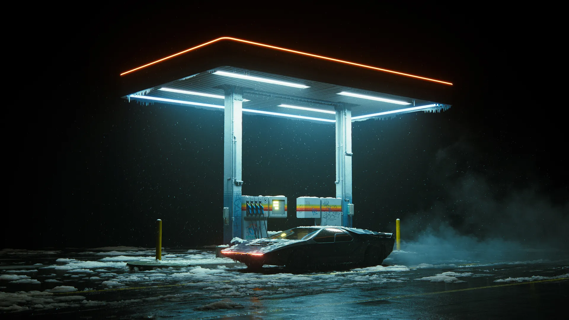 美术作品 计算机生成图像 汽车 夜晚 弱光 加油站 公路 宽屏 鱼带屏 积雪 深色背景 薄雾 发光 车头灯 科幻 下雪 黑色 4K壁纸