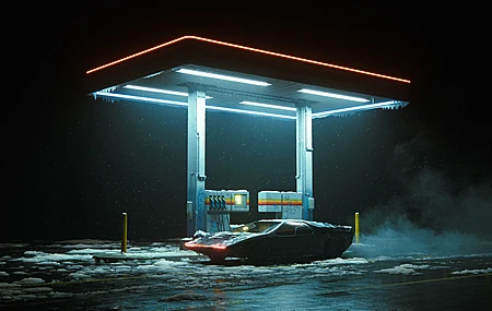 美术作品 计算机生成图像 汽车 夜晚 弱光 加油站 公路 宽屏 鱼带屏 积雪 深色背景 薄雾 发光 车头灯 科幻 下雪 黑色 4K壁纸