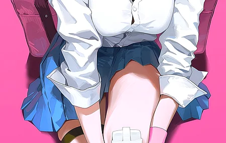 动漫少女 灰发 颈环 棒棒糖 简洁背景 粉色 创可贴 校服 蓝色裙子 白衬衫 腿环 百褶裙 双腿 吐舌 袜子 手机壁纸