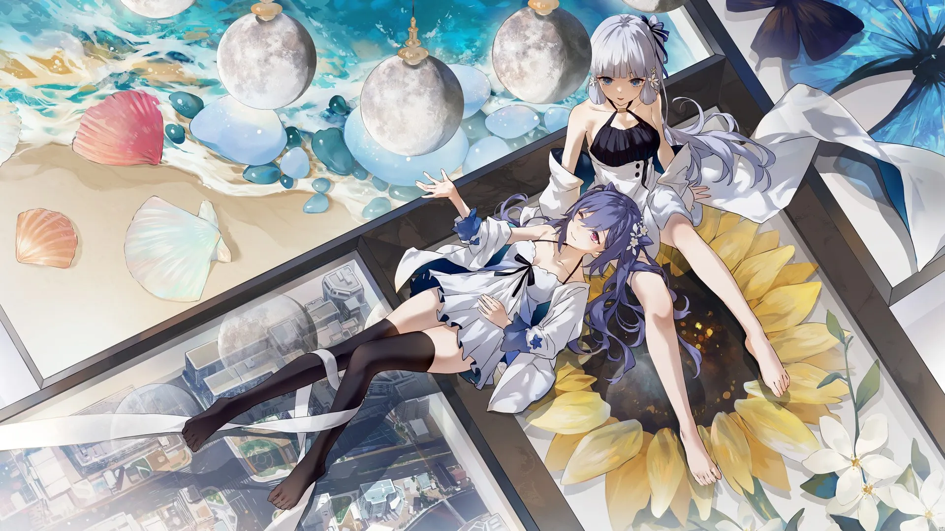 动漫少女 原神 刻晴 神里绫华 长发 微笑 水 浪花 海滩 躺卧 仰卧 向日葵 泪痣 脚丫 长袜 4K壁纸