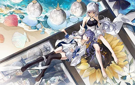 动漫少女 原神 刻晴 神里绫华 长发 微笑 水 浪花 海滩 躺卧 仰卧 向日葵 泪痣 脚丫 长袜 4K壁纸