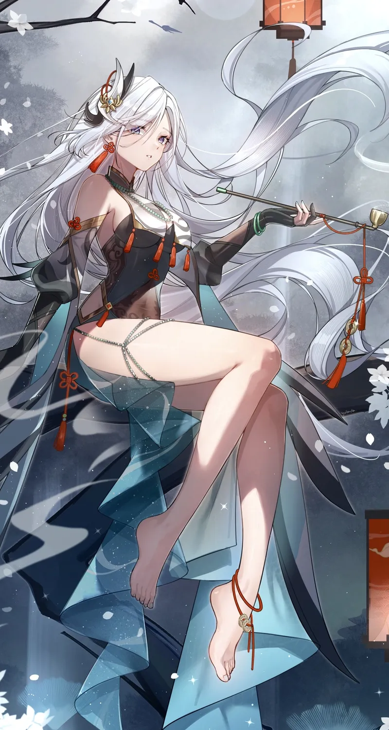 原神 美术作品 动漫少女 白发 长发 项链 耳饰 发簪 腹部 光脚 灯笼 中国结 树木 花瓣 花朵 申鹤 脚丫 手机壁纸 4K壁纸