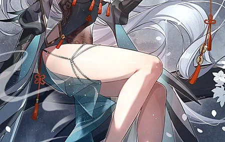 原神 美术作品 动漫少女 白发 长发 项链 耳饰 发簪 腹部 光脚 灯笼 中国结 树木 花瓣 花朵 申鹤 脚丫 手机壁纸 4K壁纸