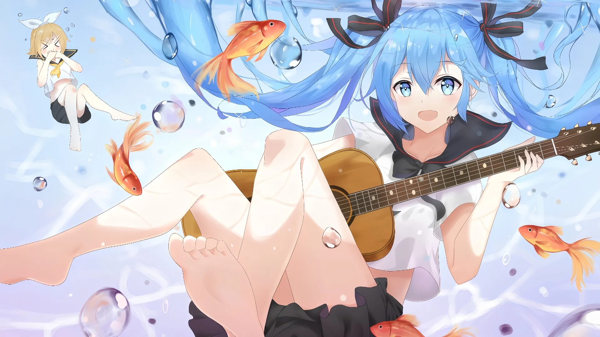动漫少女 蓝发 蓝眼睛 校服 吉他 光脚 脚丫 虚拟歌手 初音未来 鱼 水下 4K壁纸