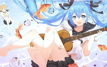 动漫少女 蓝发 蓝眼睛 校服 吉他 光脚 脚丫 虚拟歌手 初音未来 鱼 水下 4K壁纸