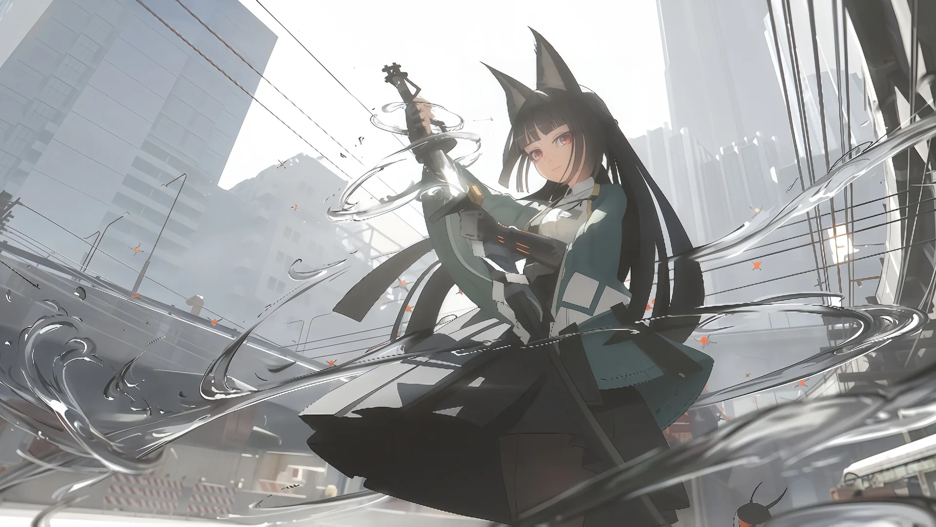绝区零 插画 动漫 少女 黑发 红色眼眸 兽耳 连裤袜 星见雅 灰色 4K壁纸